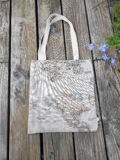 Tote Bag en lin moutarde et imprimé mappemonde - Réversible - EN STOCK Disponible de suite