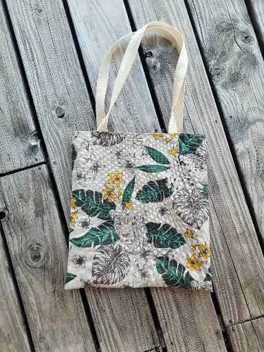 Tote Bag en lin vert et imprimé jungle - Réversible