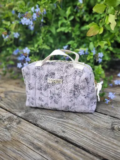 Trousse maquillage - petit vanity matelassée - coton imprimé tons gris - EN STOCK - disponible de suite