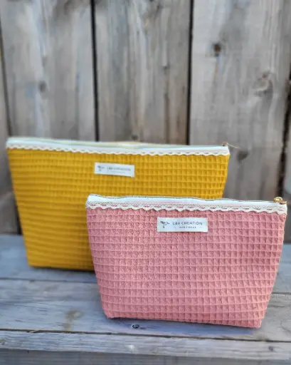Trousse maquillage intérieur imperméable - coton gaufré et dentelle - couleur au choix - 2 Tailles