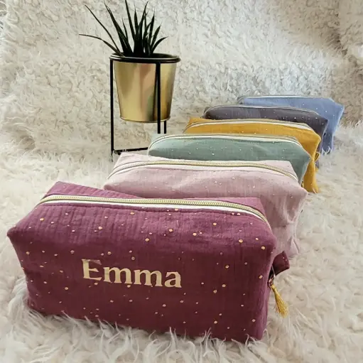 Trousse d'école ou maquillage en gaze de coton pois doré - PERSONNALISABLE SUR COMMANDE